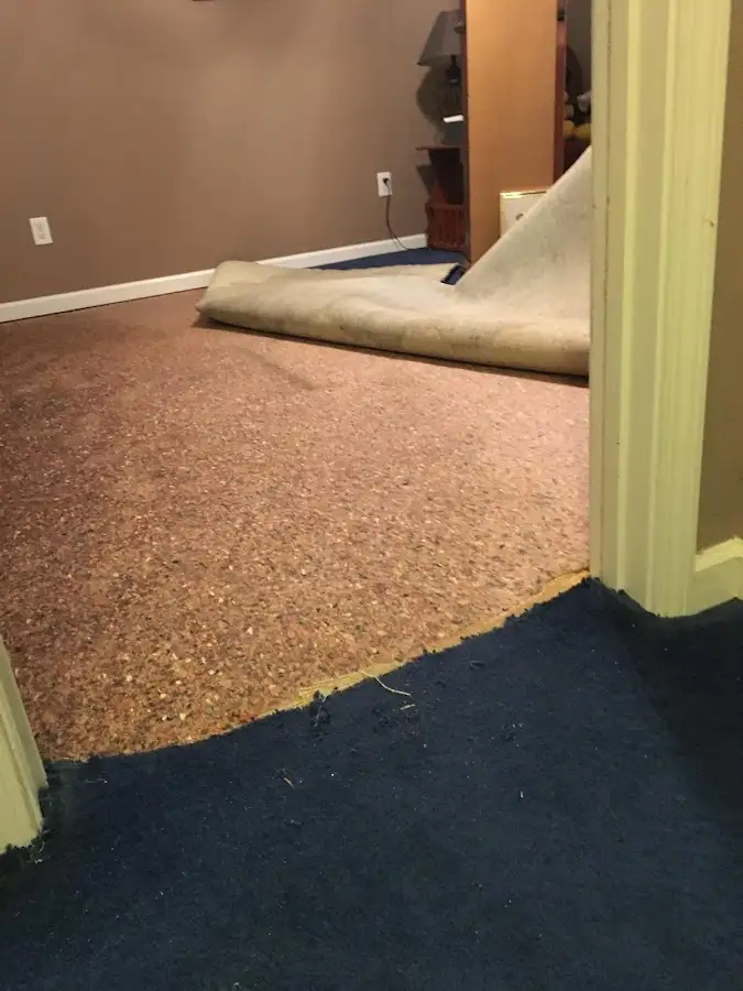 Carpet pad removal revealing water damage during Drying & Dehumidification in Hailey